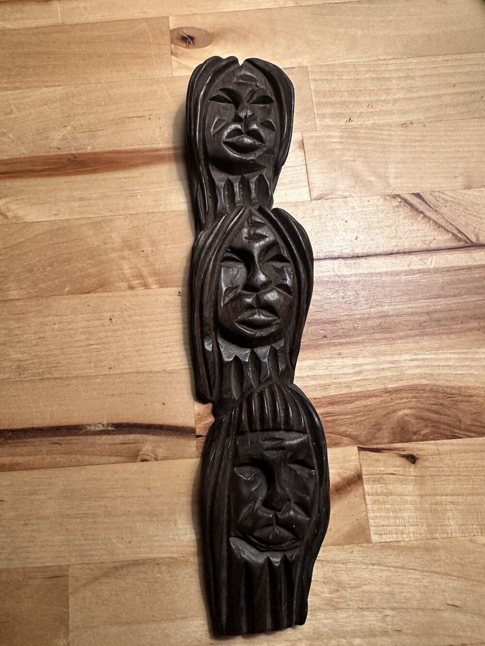 Hand Carved Wooden Totem Sculpture Indigenous Hand Made Statue Brown Wood